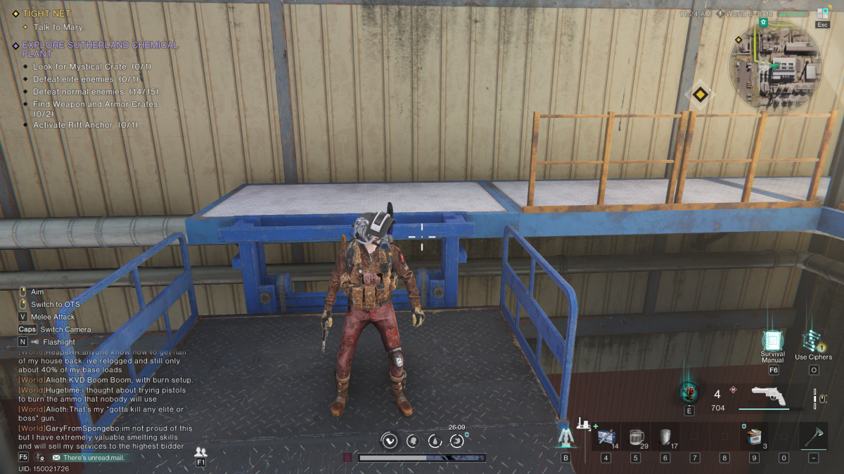 The player stands on a steel open elevator in a warehouse in Sutherland Chemical Plant in Once Human