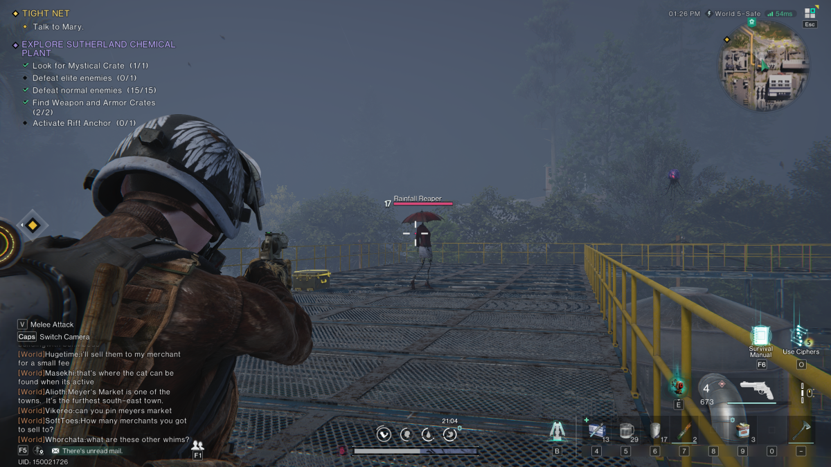 The player aims down their sights with their cursor hovering over a feminine Deviant dressed in a white and red suit, her head replaced by an umbrella