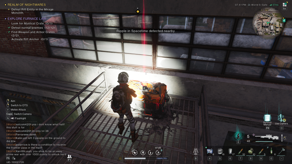 Image of the player standing beside the Mystical Crate which is at the end of a metal walkway beneath a set of grimy windows 