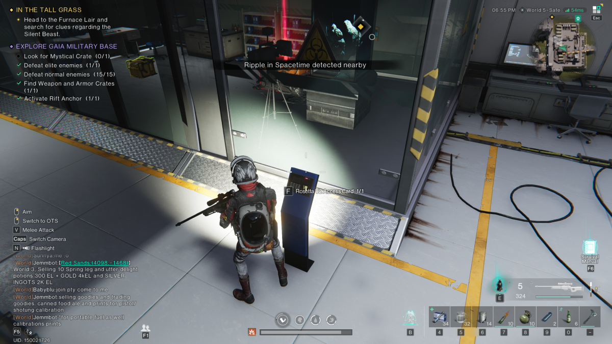 Image of the player standing outside of a transparent room which has several crates within 