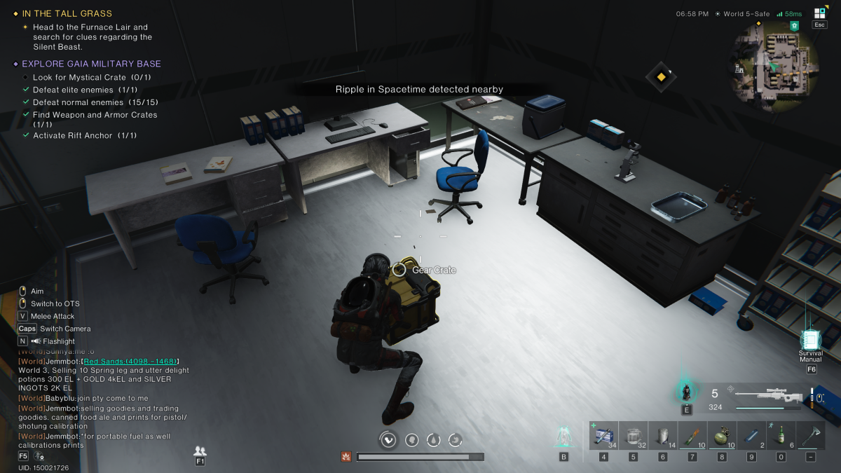 The player crouches beside a gear crate in an office room in Once Human