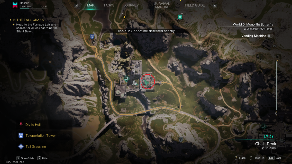 Image of the Once Human map and the Gaia Military base, with the green cursor circled 