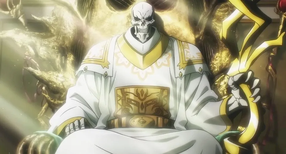 Ainz Ooal Gowl from Overlord: The Sacred Kingdom sitting in a throne made of gold, dressed in white robes