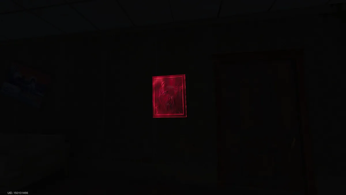 The image of a red painting, floating in near darkness in Once Human