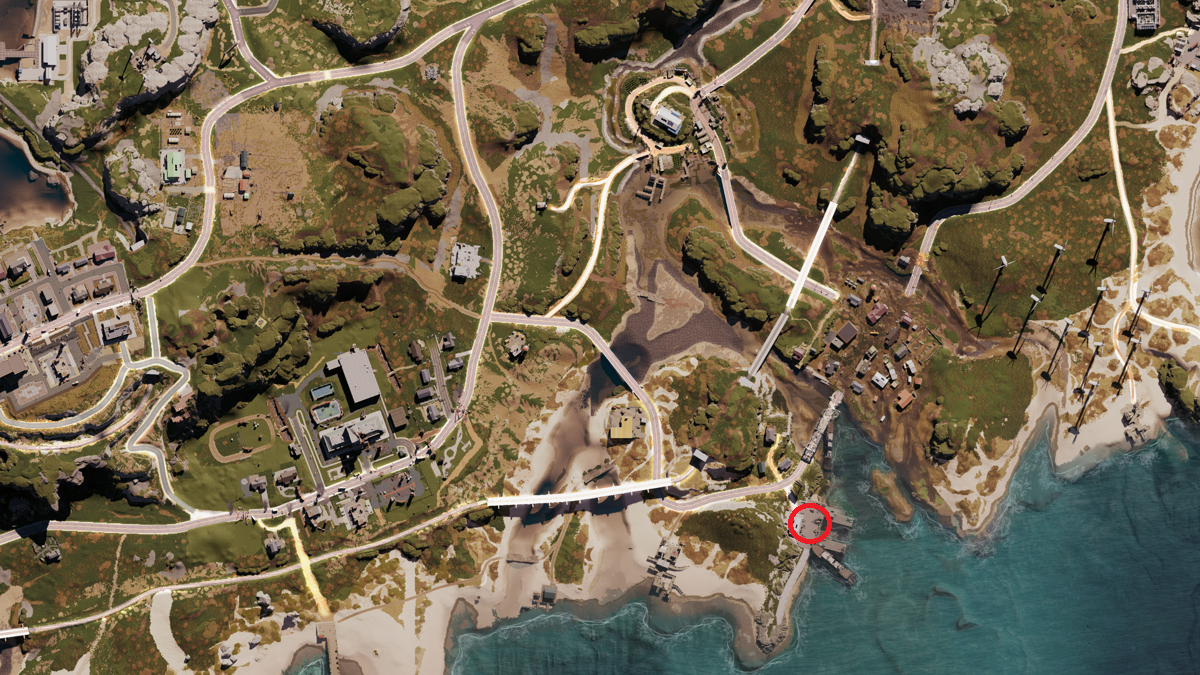 image of the once human map focused on the southern side of the island with a red circle imposed over a ship pier