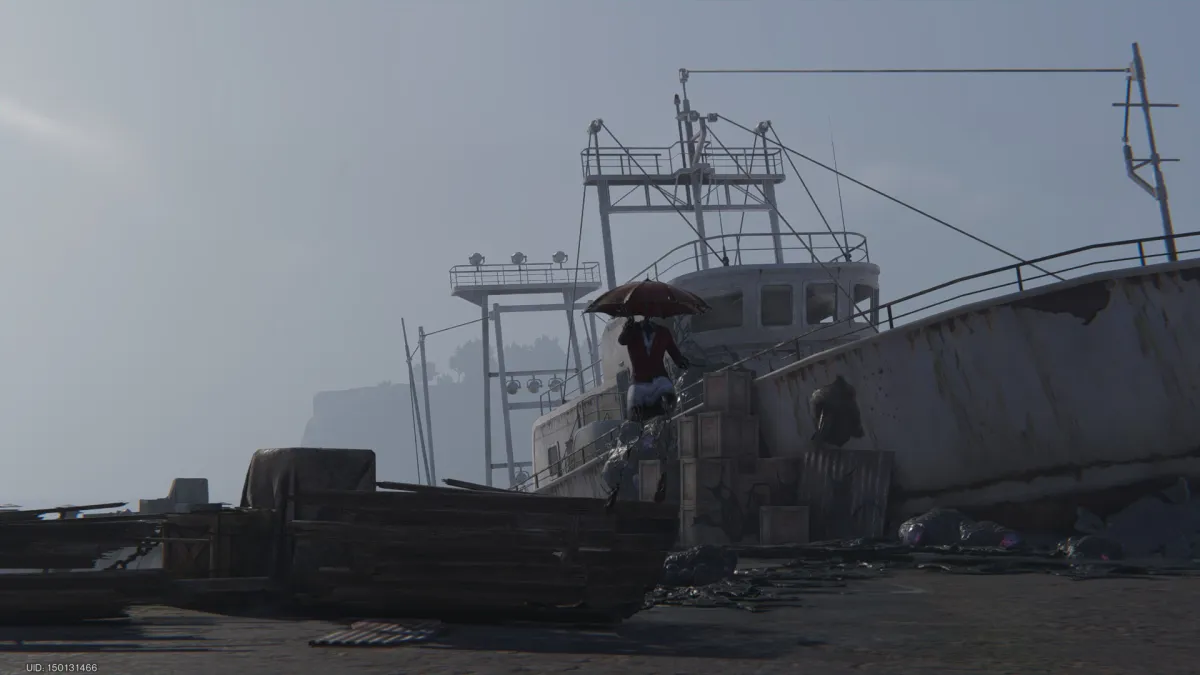 Image of the Rain Reaper floating on a misty day in front of a ruined ship in a ship yard in Once Human