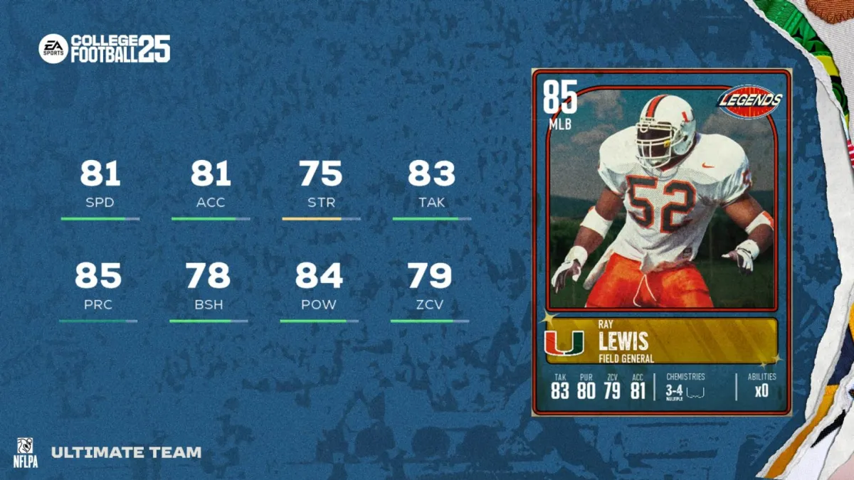 Ray Lewis Legend card in College Football 25 Ultimate Team.