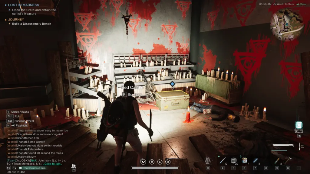 Image of the player standing in front of the red candle in the convenience store, with the walls covered in blood and occult imagery