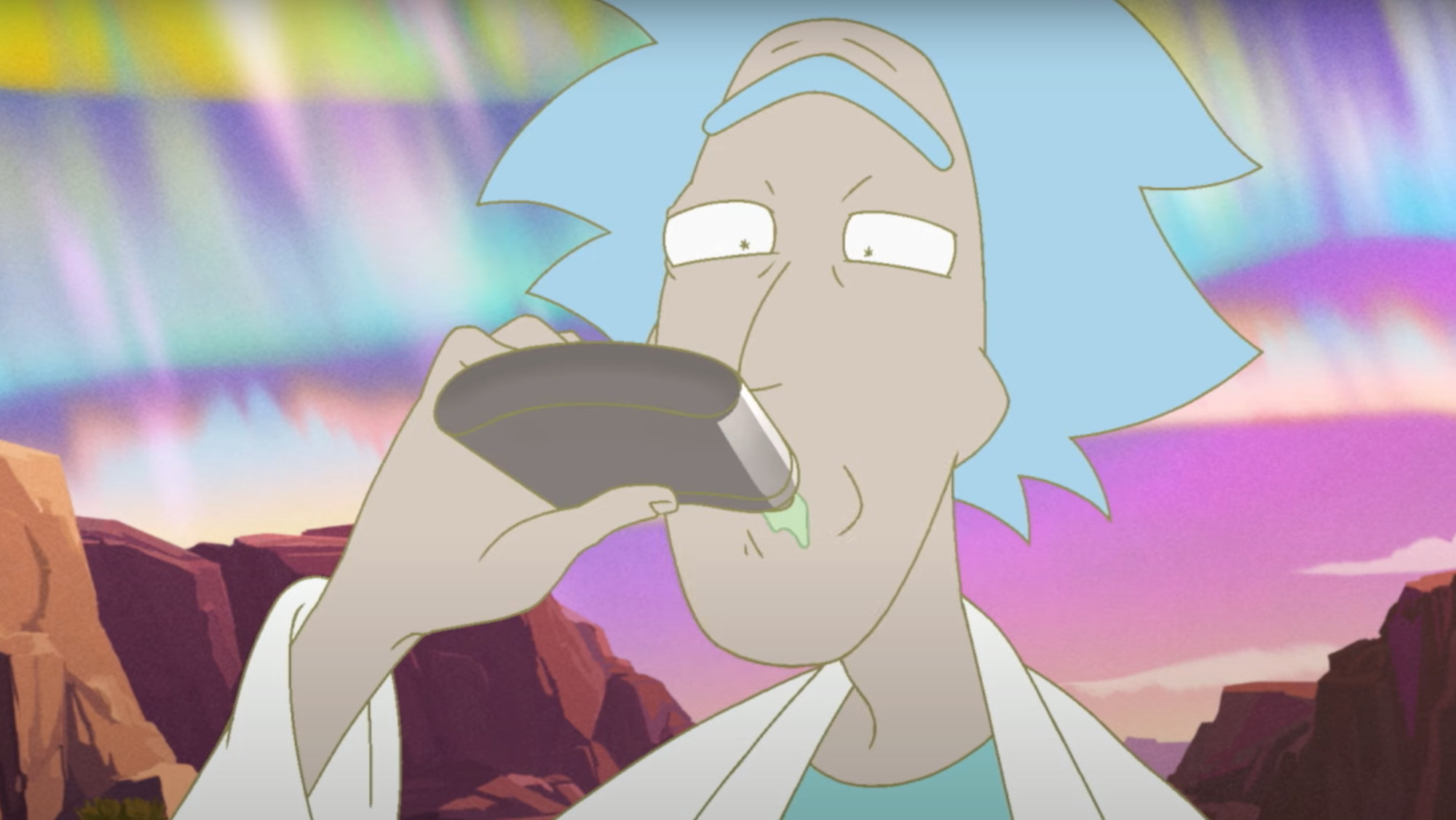 Rick drinks from a flask on an alien planet