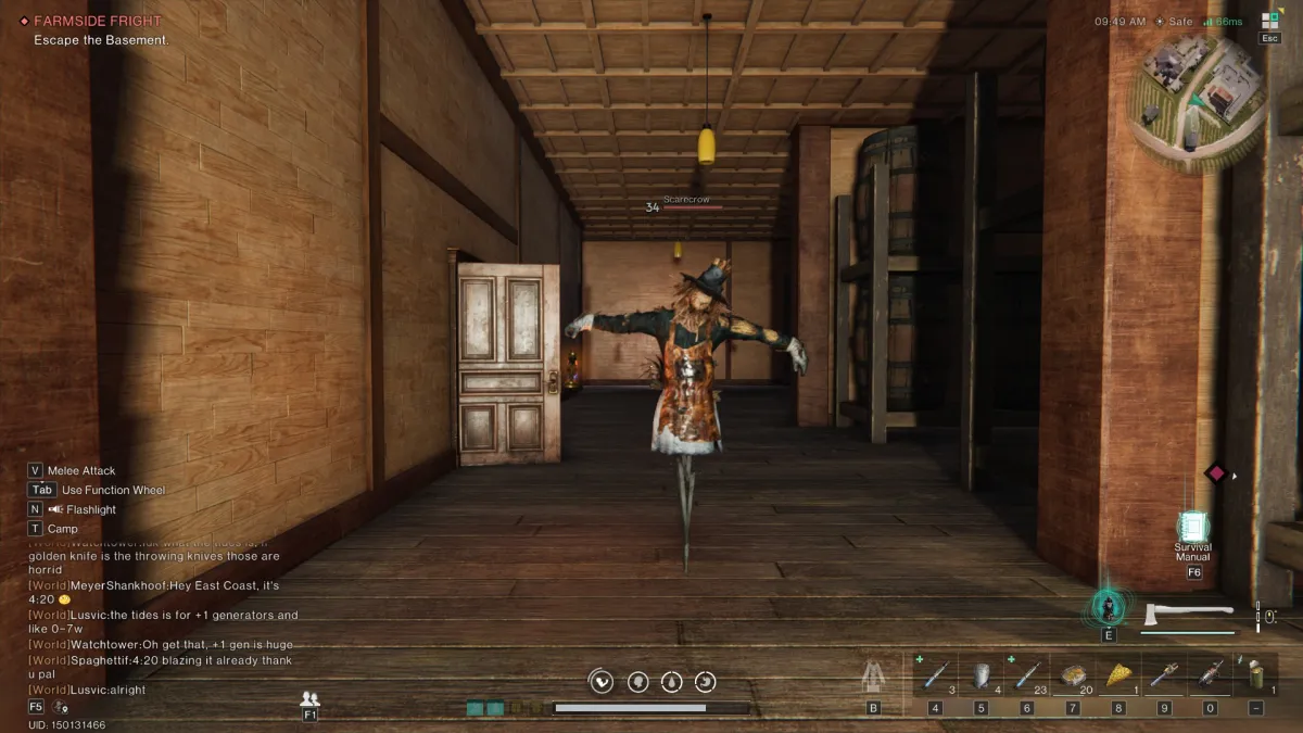 Image of a scarecrow following the player through a wine cellar in Once Human