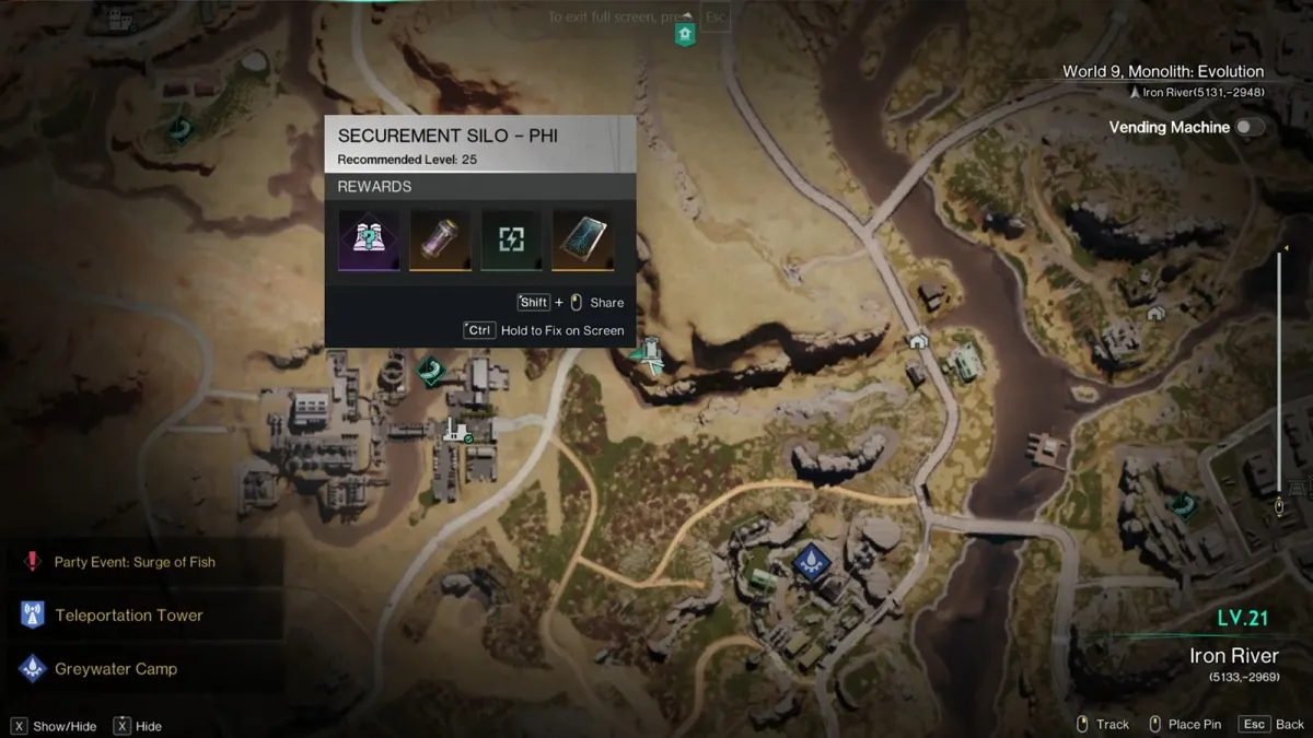 Once Human screenshot of securement silo phi on the world map