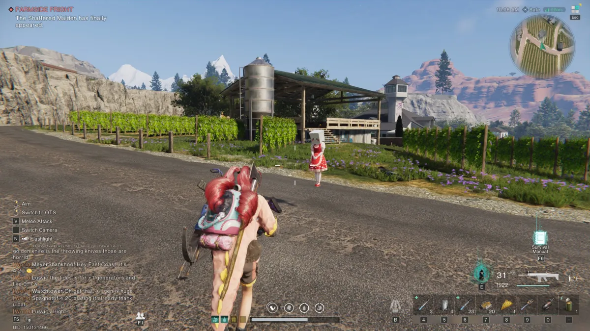 Image of the player running to a small floating girl in the middle of the street in a vineyard in Once Human