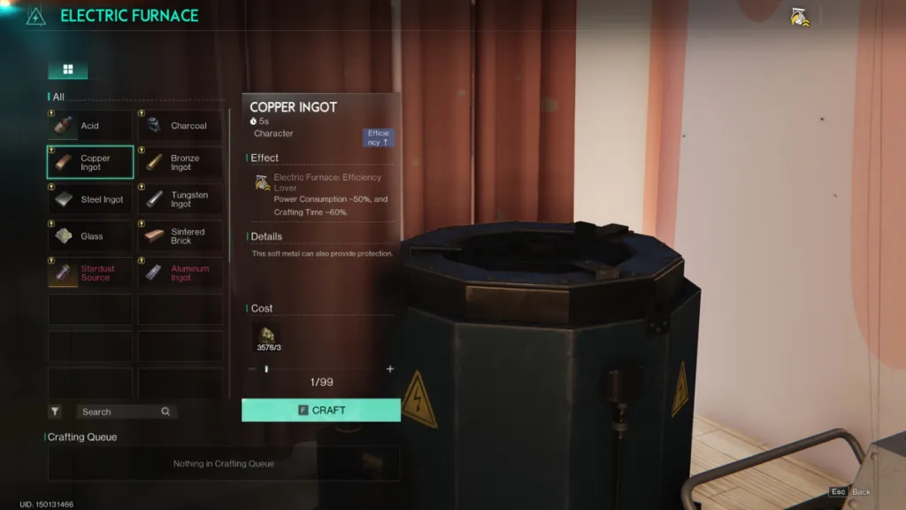 Image of the furnace menu in Once Human with copper selected, the furnace sits in a room with wooden floors and pink walls