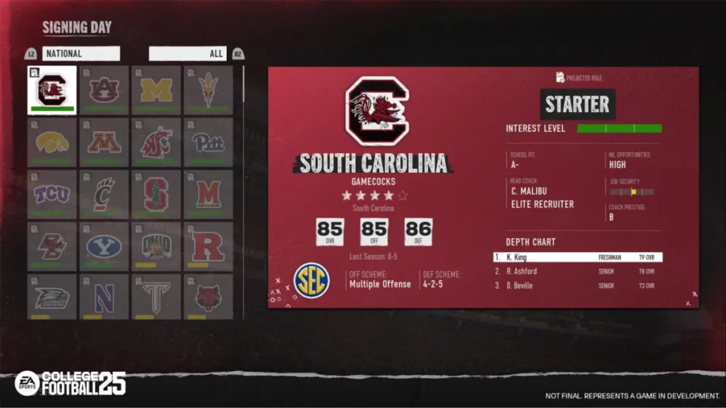 South Carolina image in EA Sports College Football 25. This image is part of an article about how to enter the transfer portal in College Football 25 Road to Glory.