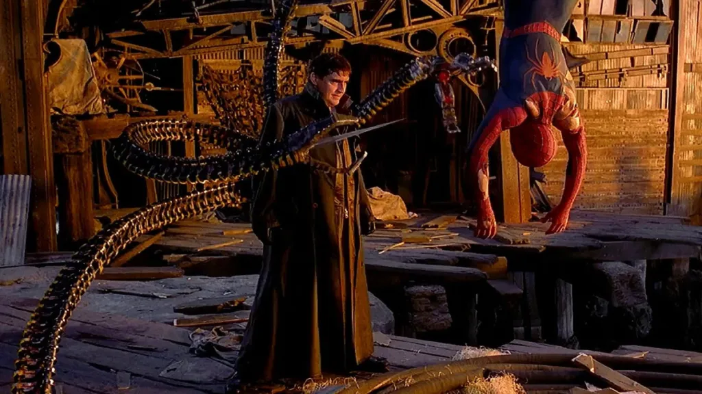 Doctor Octopus holds Spider-Man aloft with his tentacles in Spider-Man 2