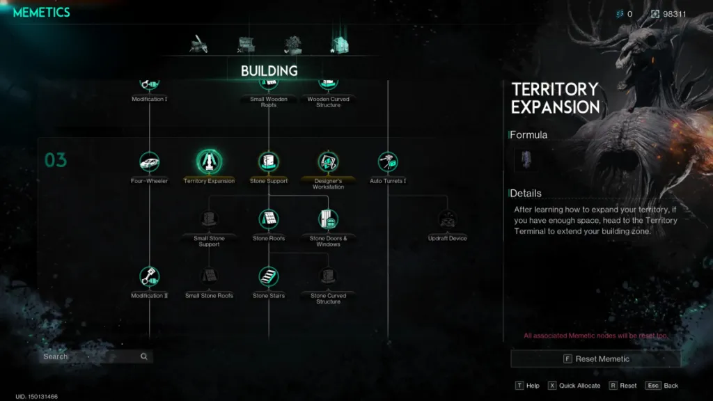 Image of the Memetics menu in Once Human with the cursor hovered over Territory Expansion