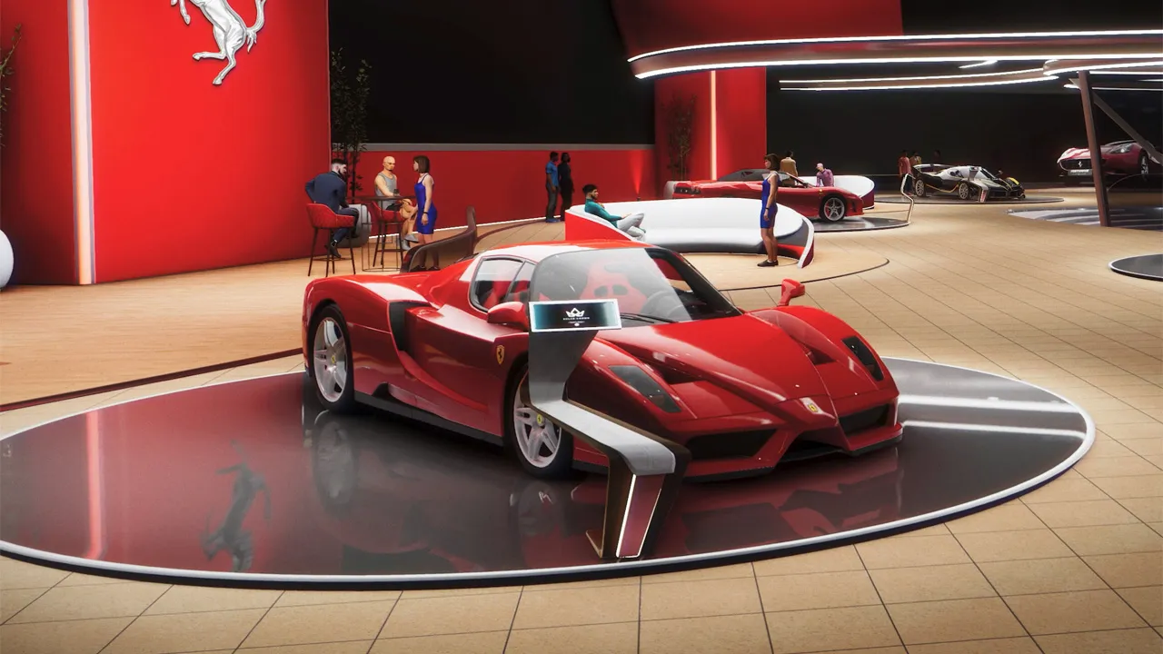 Test Drive Unlimited: Solar Crown, a red sports car on a turntable.