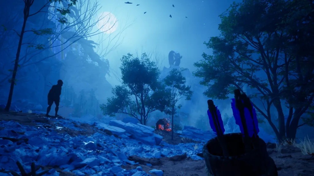 Image of a dark night in a forest, with a blue hue cast over everything. The moonlight reveals a humanoid bigfoot-like creature with a arrows protruding from its back