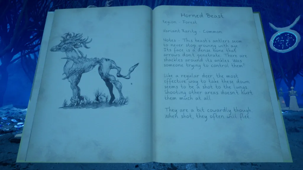 Image of a journal, open to an image of a Horned Beast, which looks like a deer made of branches, and an entry about it  on the adjacent page