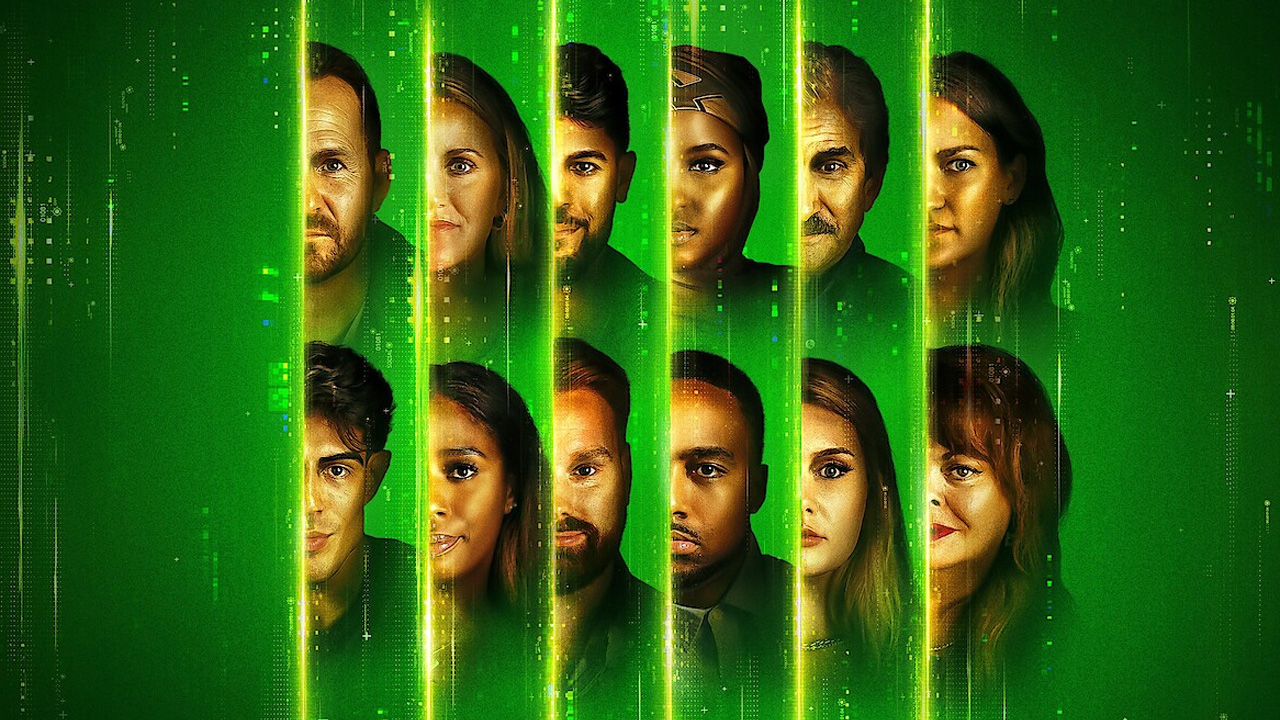 Several half-faces, against a green The Matrix-style computer background, from The Mole.
