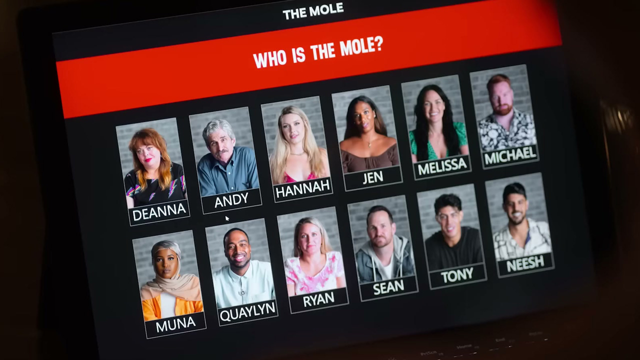 The Mole, a screen showing all the contestants with the question 'Who is the Mole?'