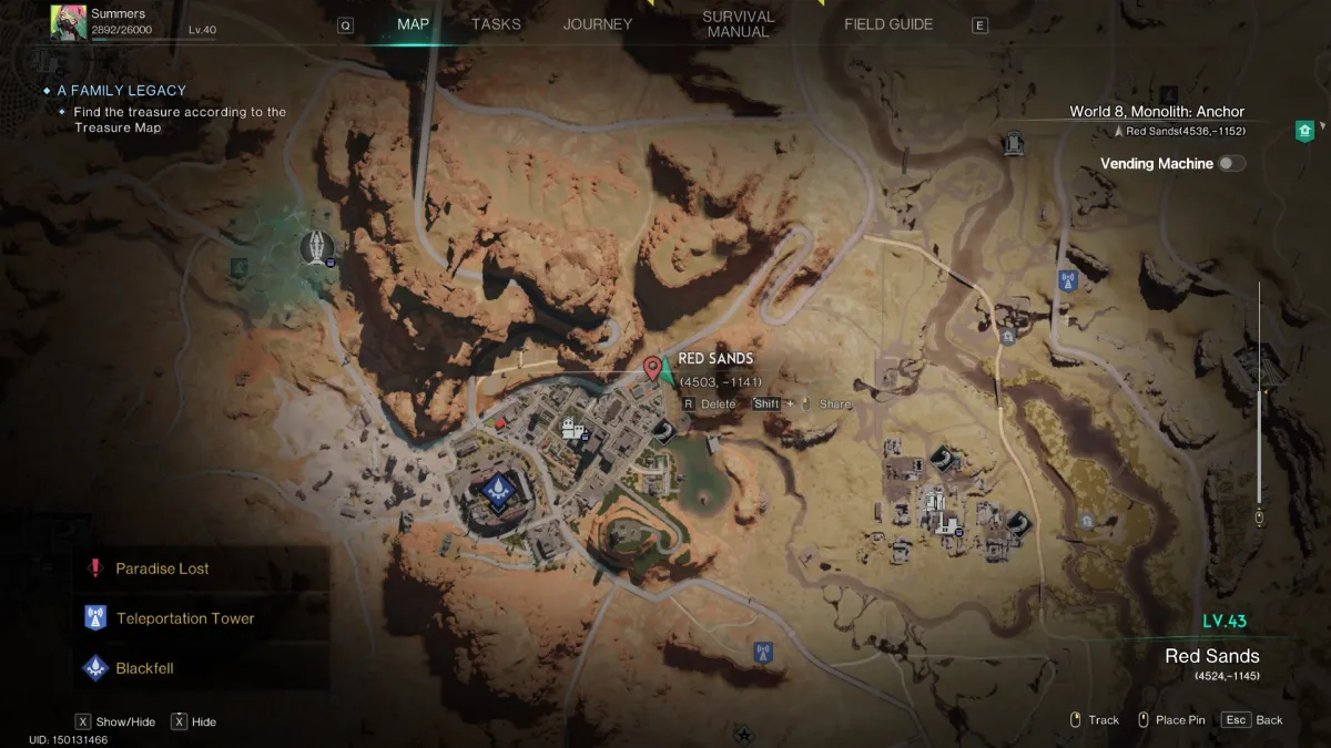 An image of Blackfell's map in Once Human, with a red icon imposed over the player's green cursor near a long highway that abuts the city 