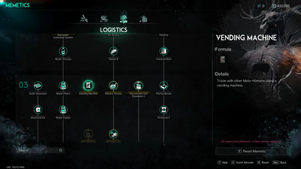 Image of the logistics menu in Once Human with the Vending Machine selected