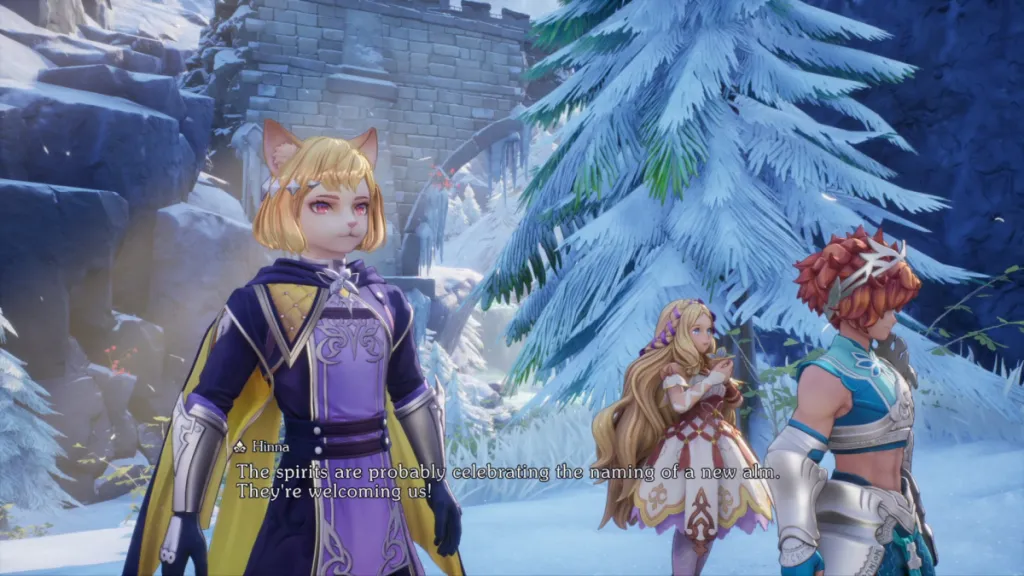 Image of three characters standing in a snowy forest looking off screen to the right in Visions of Mana