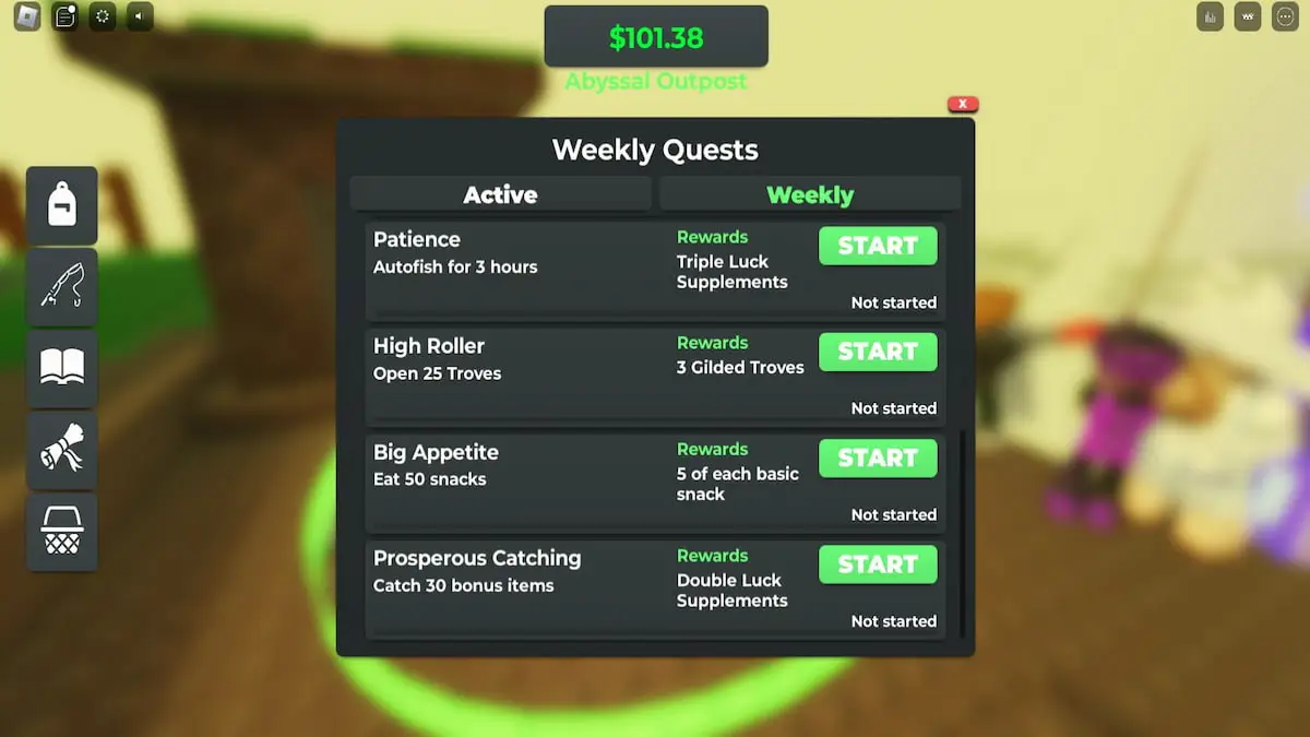 Void Fishing Weekly Quests menu.