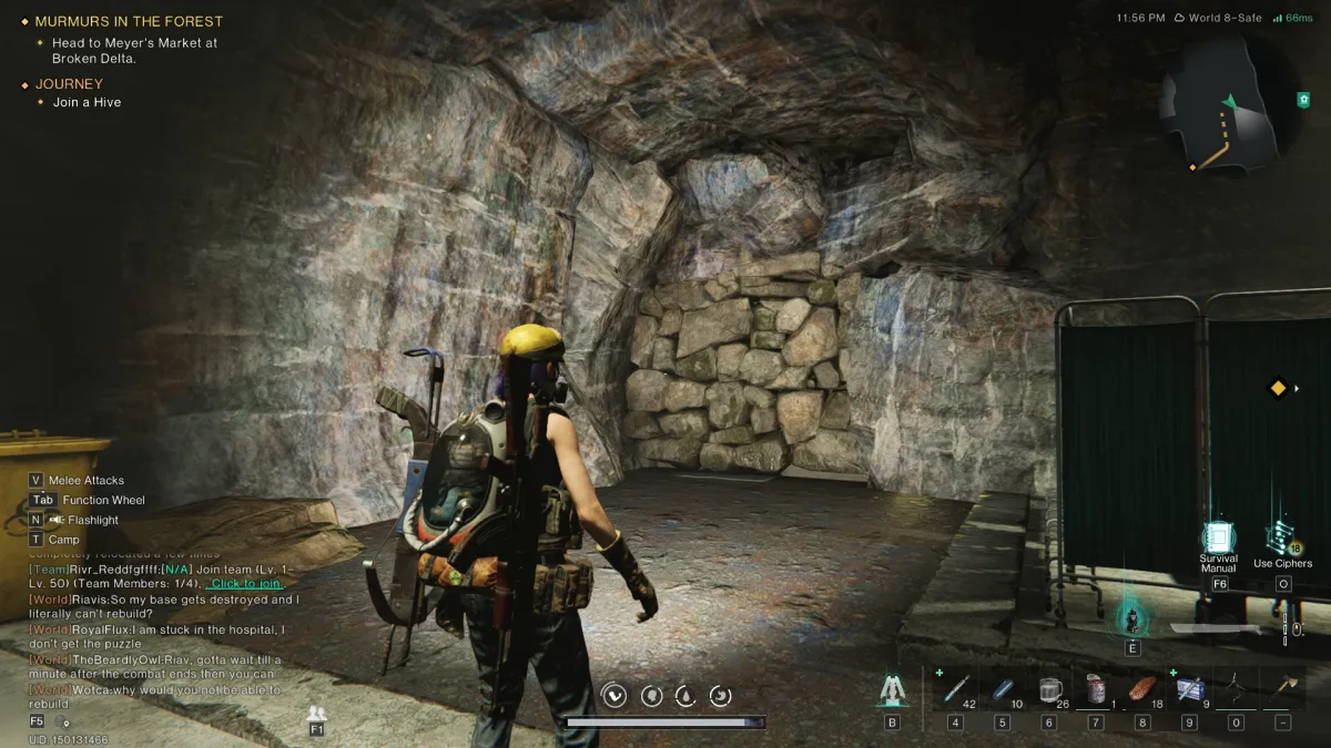 Image of the player standing in front of a very clearly fake rock wall in Aiden's Hideout