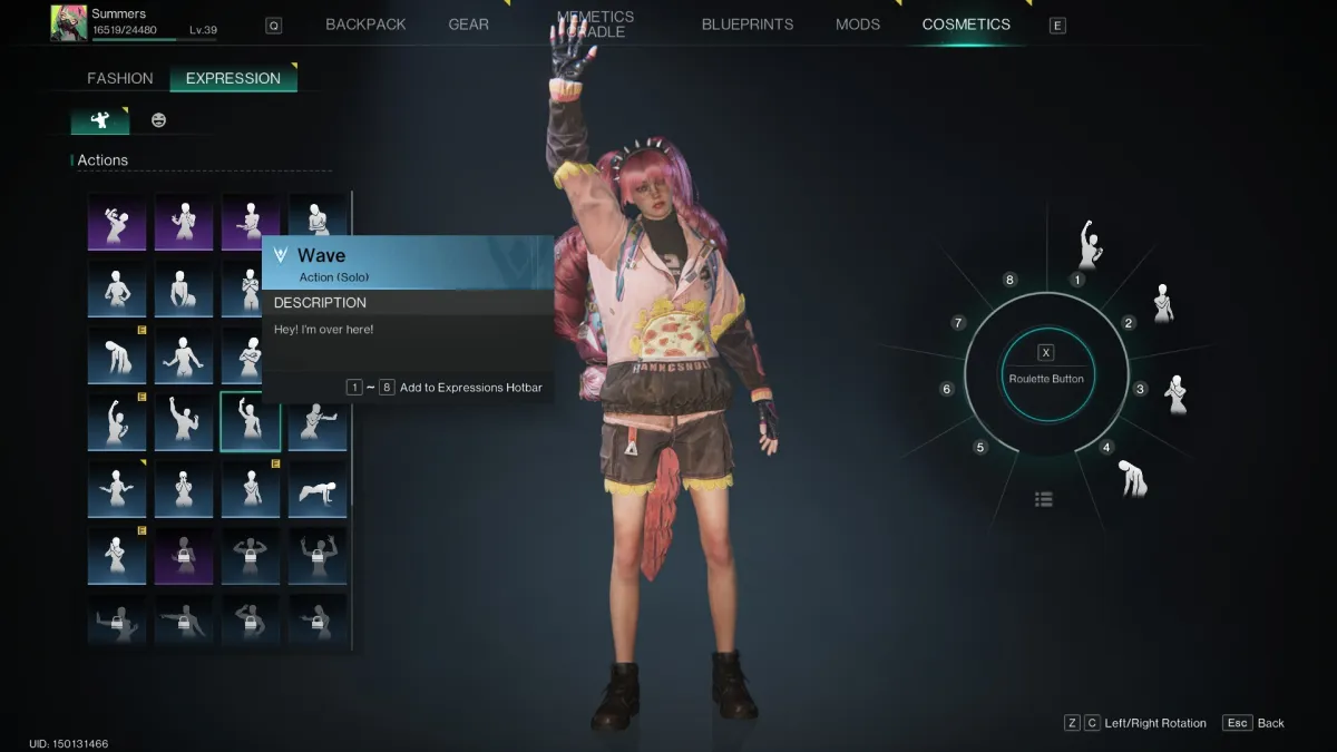 The player uses the wave emote from their cosmetic menu in Once Human