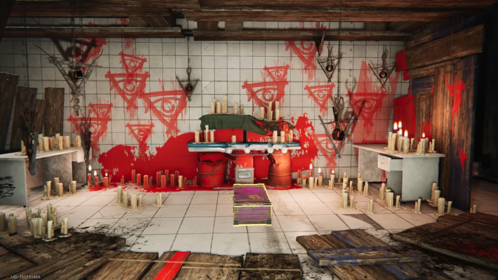 Image of a pool wall that's been coated in red occult symbols with a weapon crate on the floor in Once Human