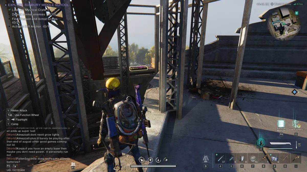 The player looking at a weapon crate tucked around the corner of the wooden ramp in Once Human