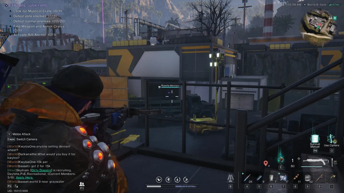 Image of the player aiming down their sights at an Elite Enemy standing in a brutalist grey and yellow building