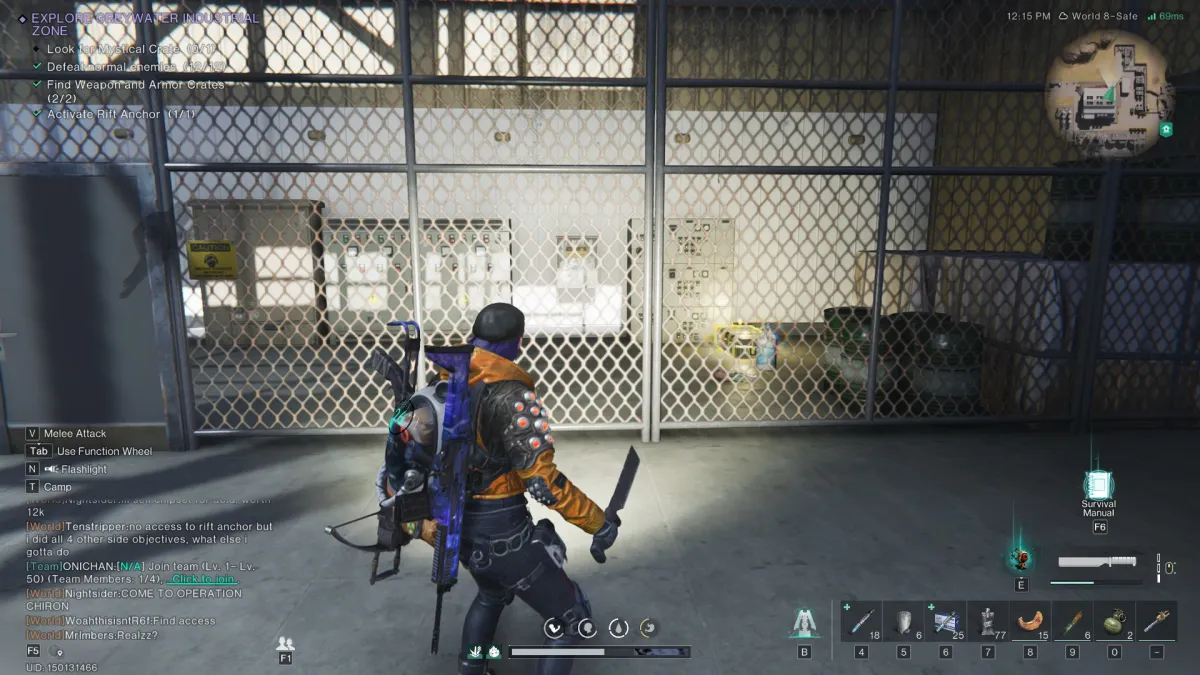 The player stands staring at a glowing crate behind a fence in a warehouse