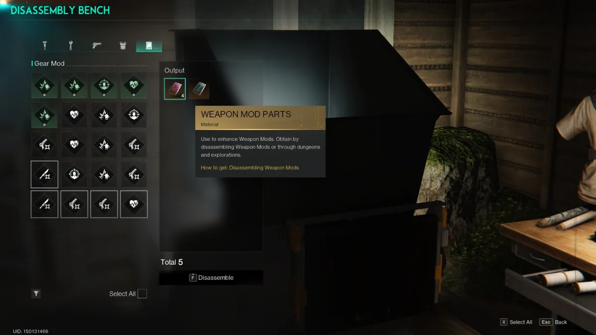 Image of the disassembly bench menu, with mods selected and converted to weapon mod parts