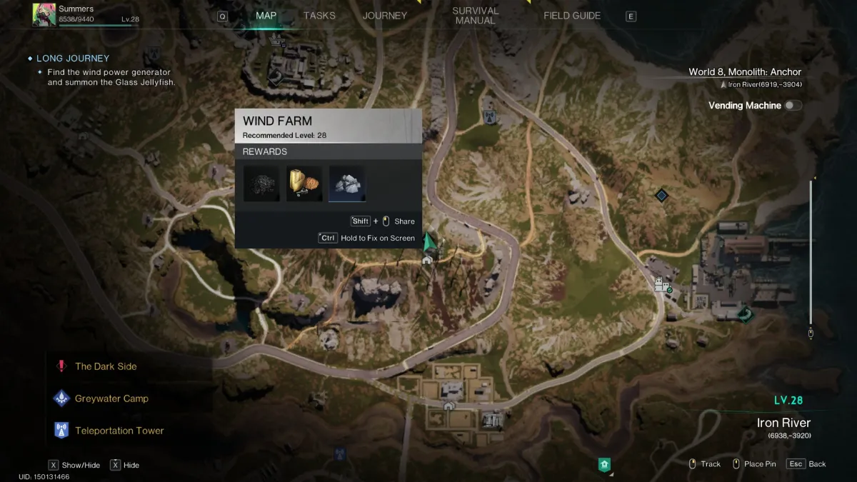 Image of the Once Human map with the cursor over the Wind Farm menu 