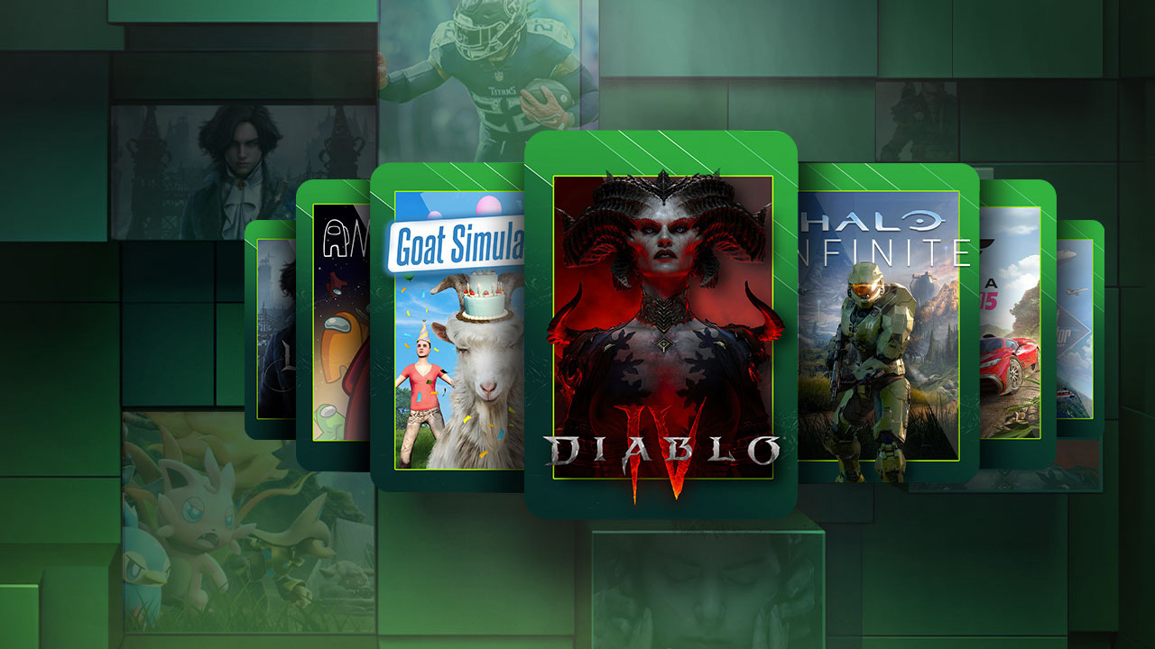 Xbox Game Pass, an image of some of the titles available on the service, including DIablo 4.