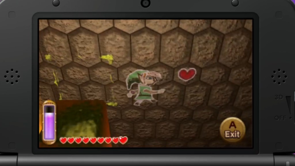 a close up of link using the wall merge in a link between worlds