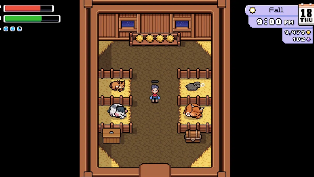 Fields of Mistria screenshot of barn animals sleeping