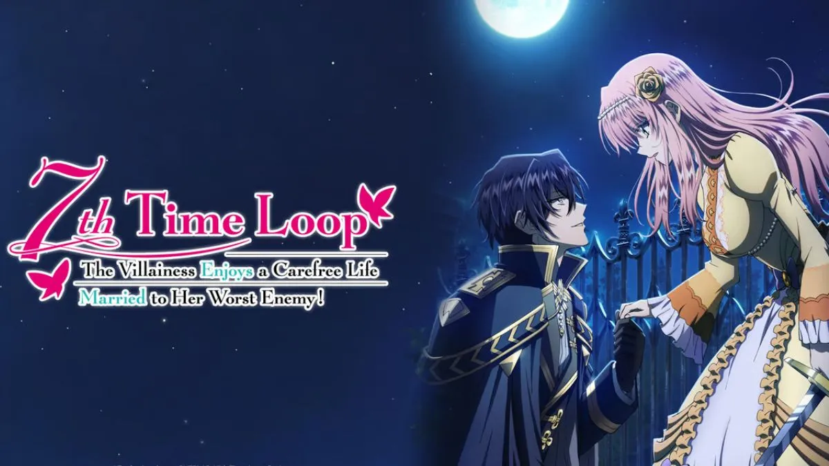 Title image for 7th Time Loop anime, showing the main characters sharing a romantic moment under a full moon