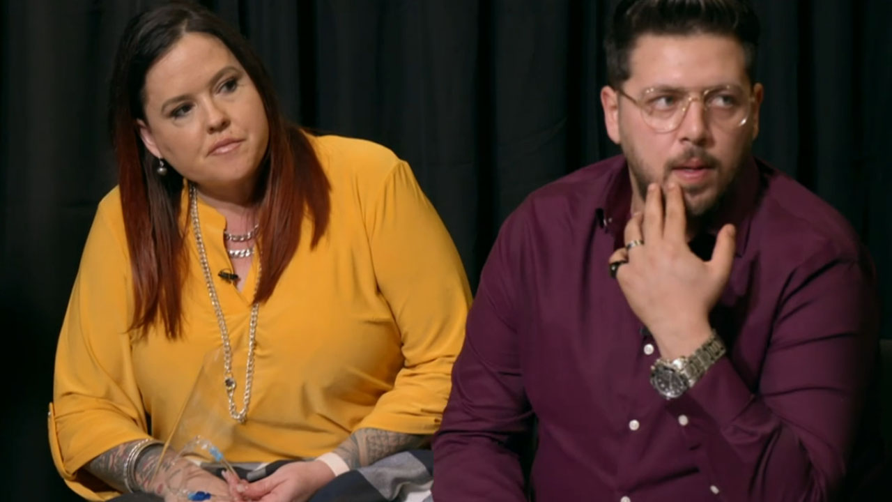 90 Day Fiance, Rebecca and Zied from Season 8, sitting beside each other.