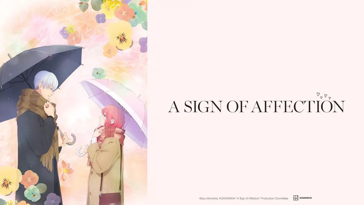 Promotional banner for A Sign of Affection, featuring the series title an the two main characters looking at one another