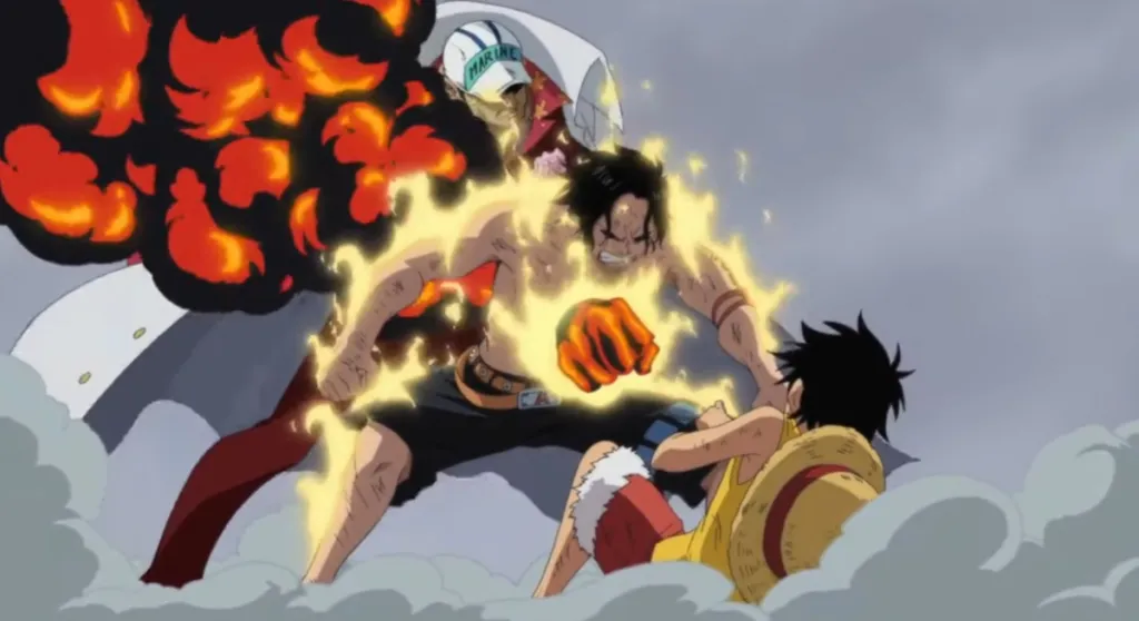 Ace sacrifices himself for Luffy in One Piece