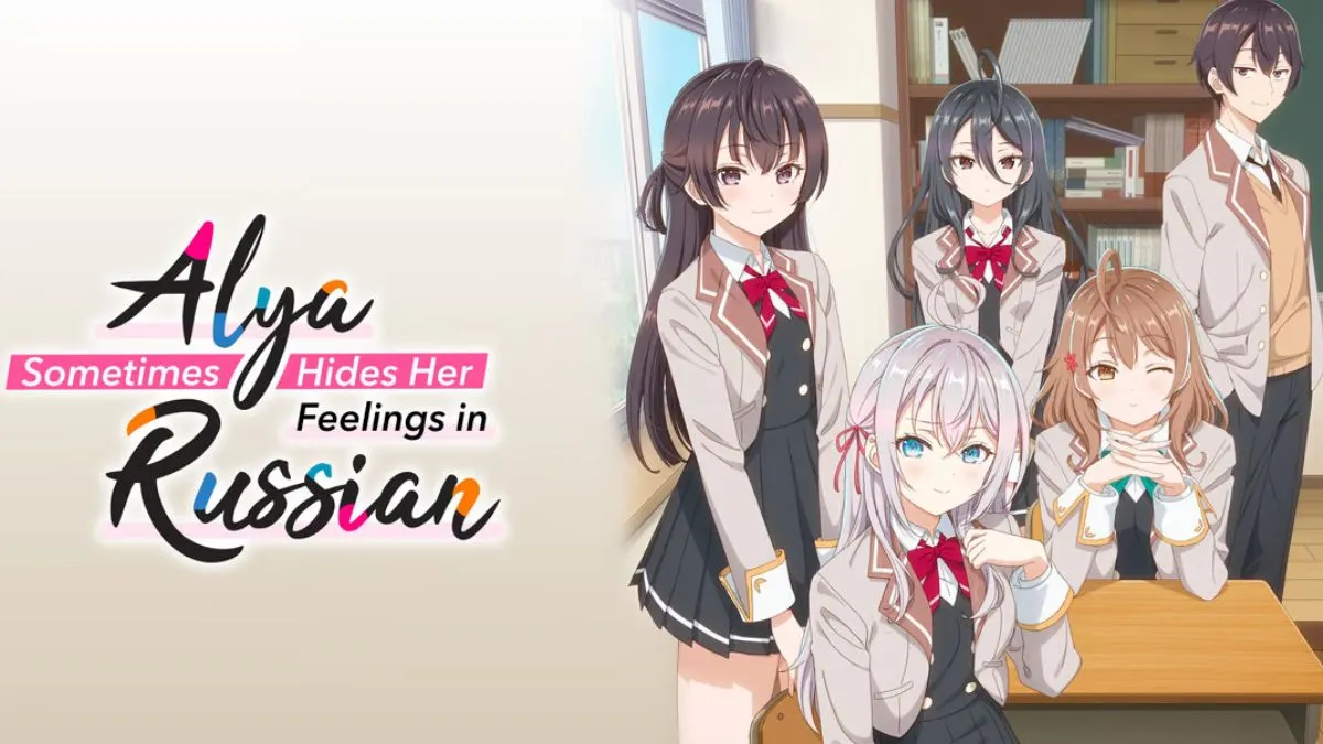 Series banner for the romance anime Alya Sometimes Hides Her Feelings in Russian, featuring the main characters gathered around a classroom desk