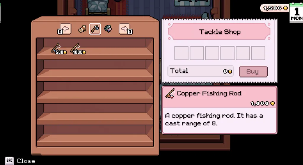 An image showing the tackle shop in Fields of Mistria as part of a guide on how to unlock and upgrade all the tools in the game.