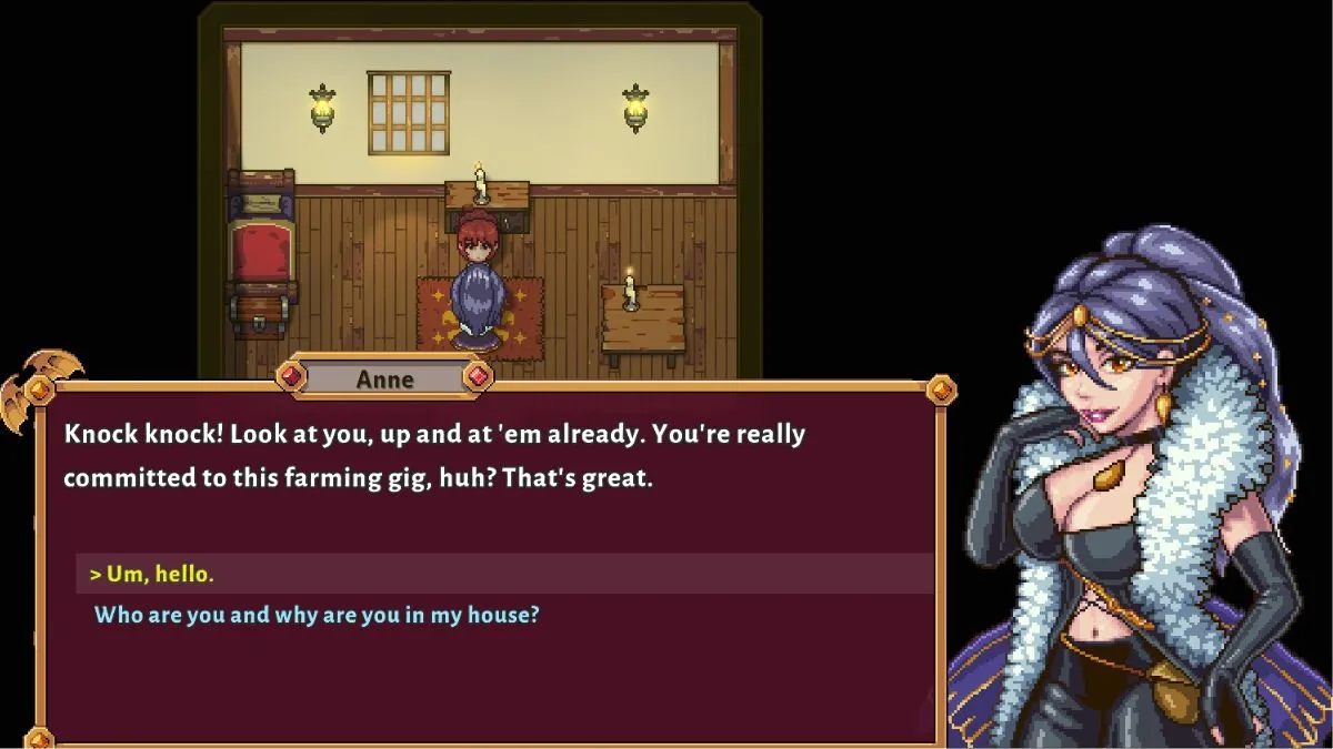 Screenshot showing early game dialogue with Sun Haven romanceable NPC Anne