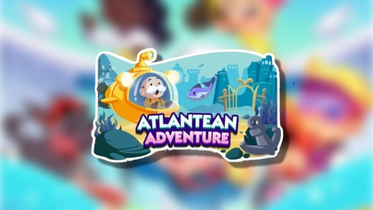 The Atlantean Adventure logo on top of a blurred Monopoly GO background in an article detailing all of the rewards and milestones during this event