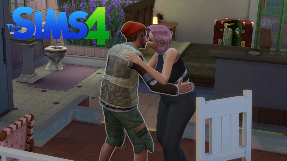 Image of two Sims kissing in The Sims 4 Lovestruck, with The Sims 4 logo in the corner