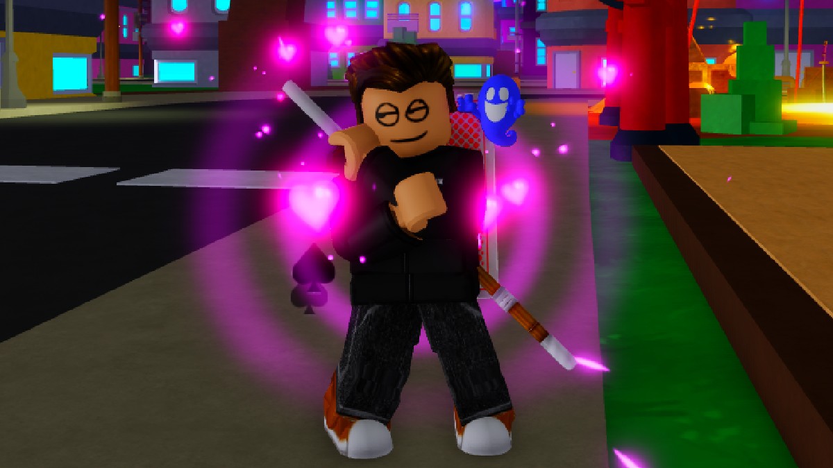 An image of a Robloxian using the Love Aura in Anime Simulator in an article listing all of the different Auras available